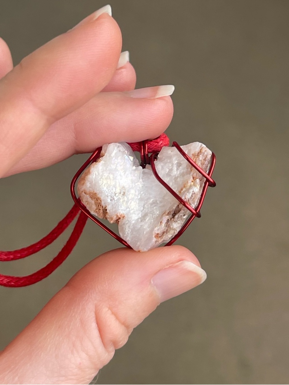 White Heart Druzy Agate Pendant with Red Wire and Cord Handmade